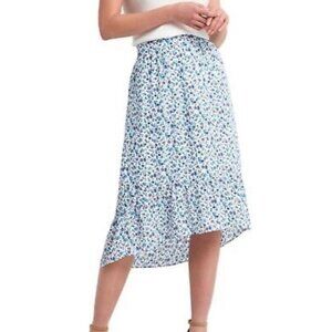 H Halston Midi Skirt Womens Size Medium White Blue High Low Floral Ruffle Hem